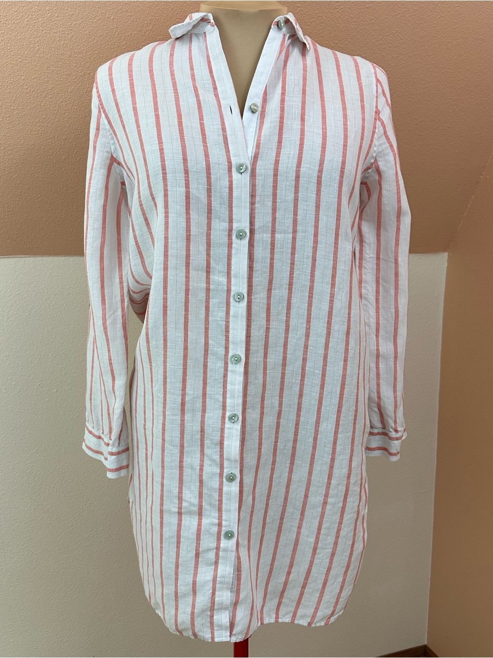 Chico's No Iron Linen Stripe Button Front Tunic Shirt Womens Size Medium Coastal